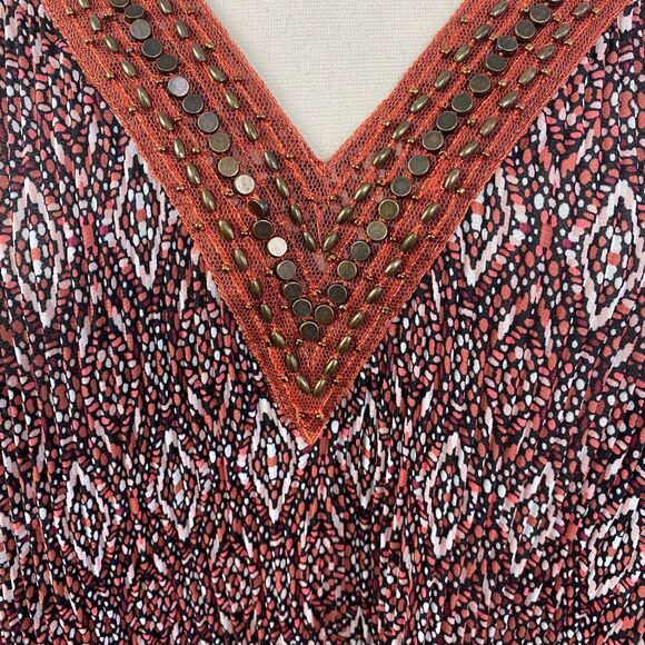 Catherines Womens Tunic Blouse 14/16 0X Boho Pleated Beaded 3/4 Bell Sleeves - Picture 4 of 10